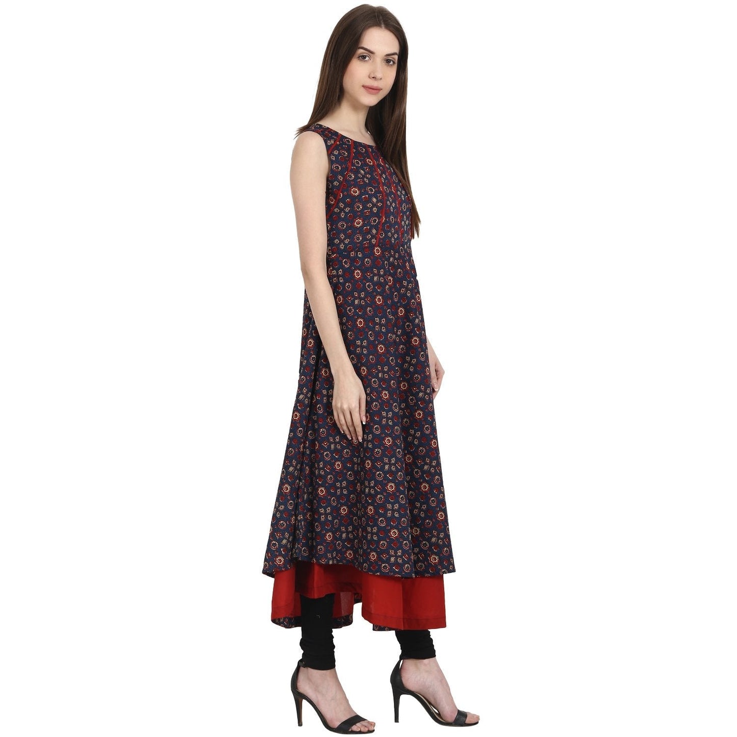 Women's Multi Printed Sleevless Cotton Anarkali Kurta With Red Inner