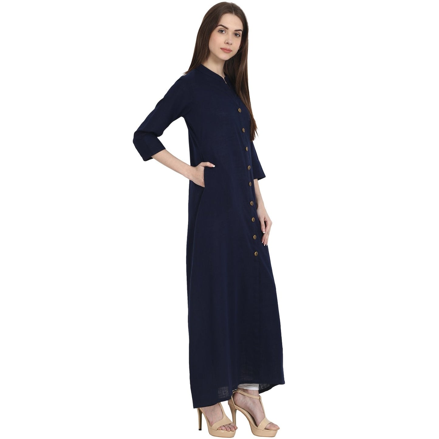 Women's Navy Blue 3/4 Sleeve Front Open Cotton Slub A-Line Kurta