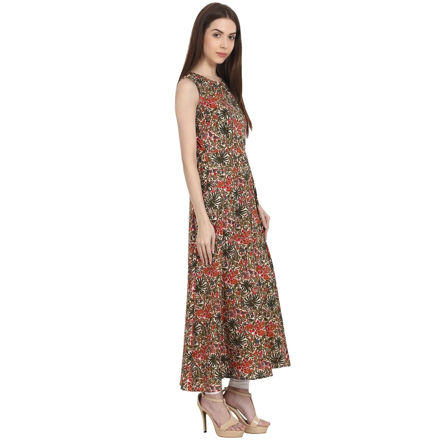 Women's Multi Printed Sleevless Cotton Anarkali Kurta