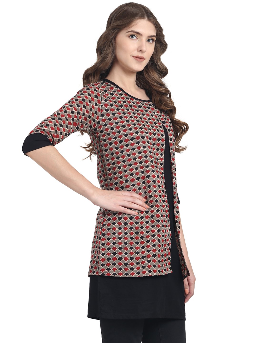 Women's Black 3/4Th Sleeve Cotton Double Layer Tunic