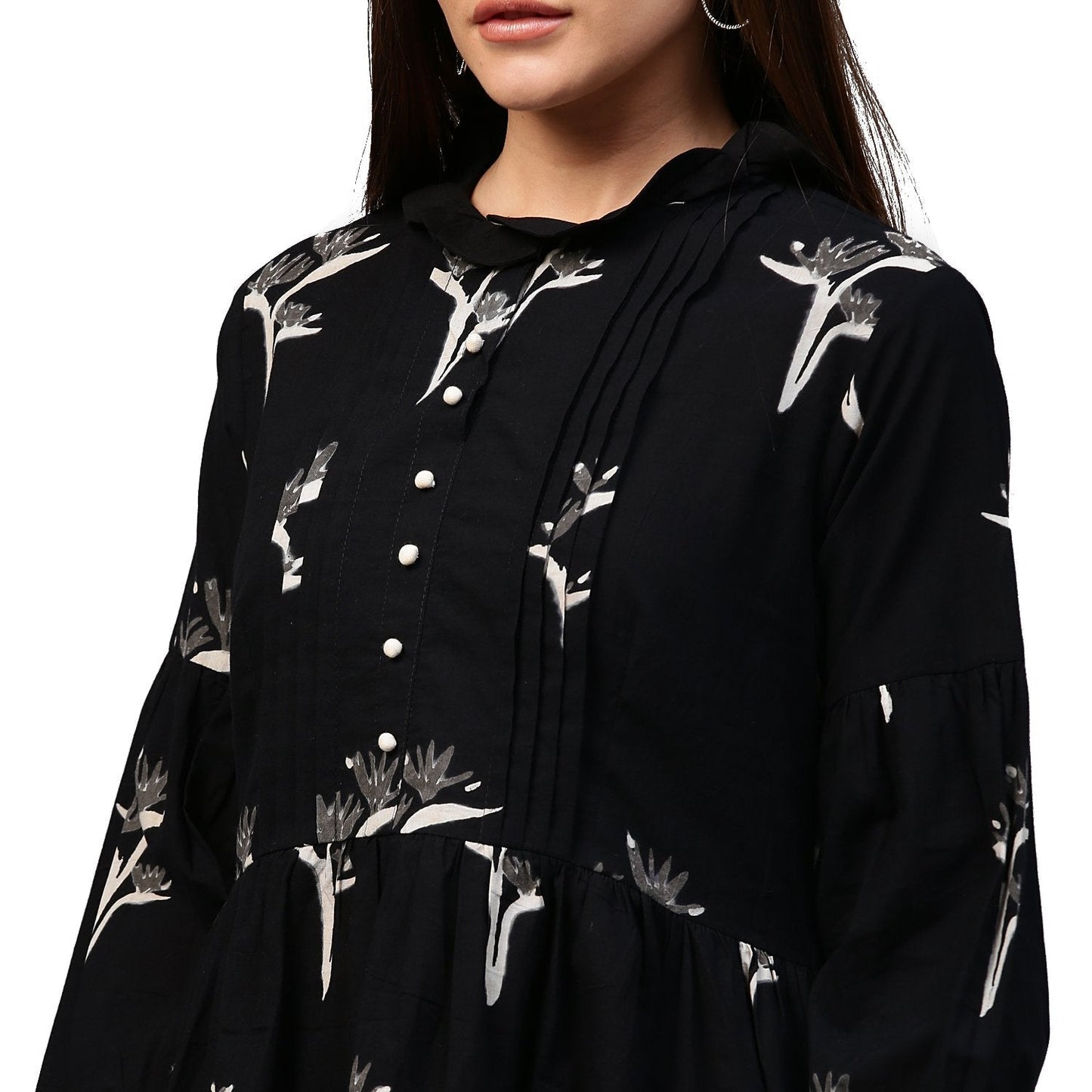 Women's Black Printed 3/4Th Sleeve Cotton Flared Tunic