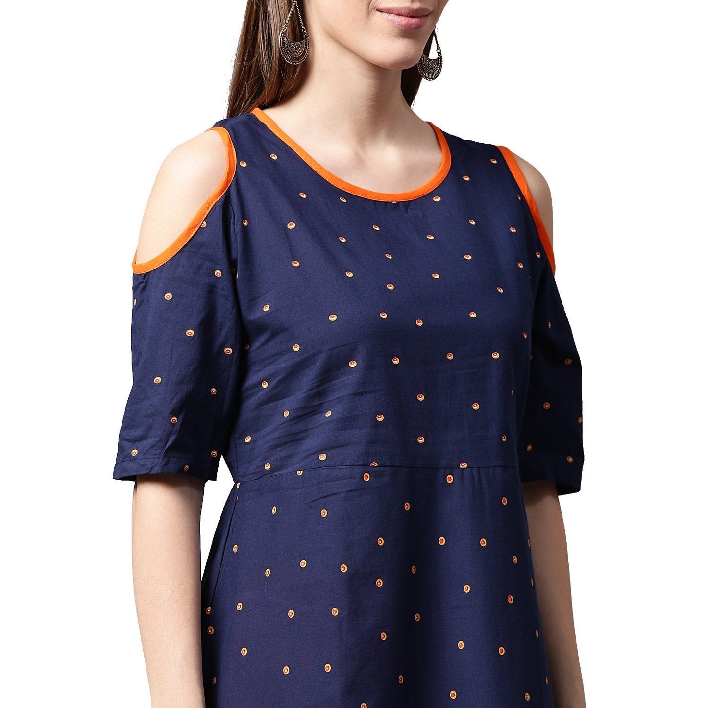 Women's Blue Printed Half Sleeve Cotton Kurta With Orange Palazzos