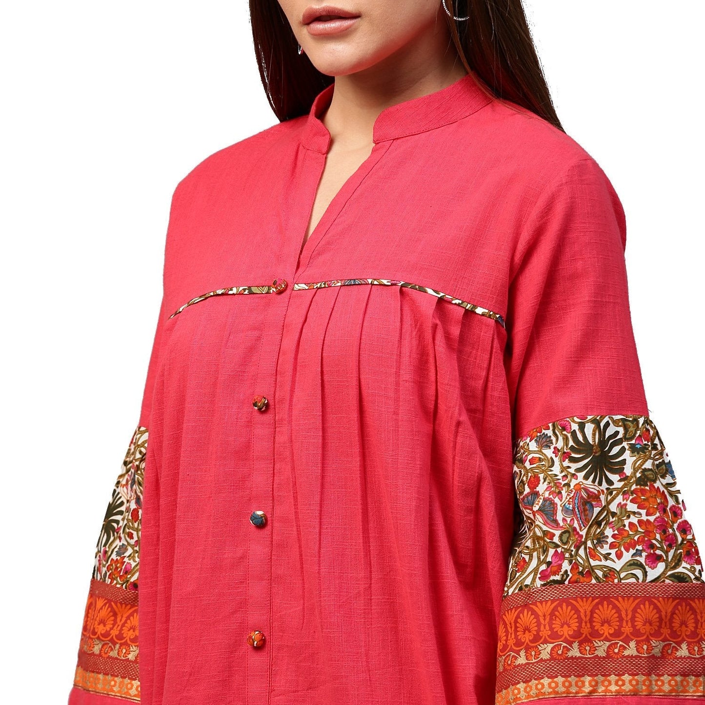 Women's Peach 3/4Th Sleeve Cotton Tunics With Button Work
