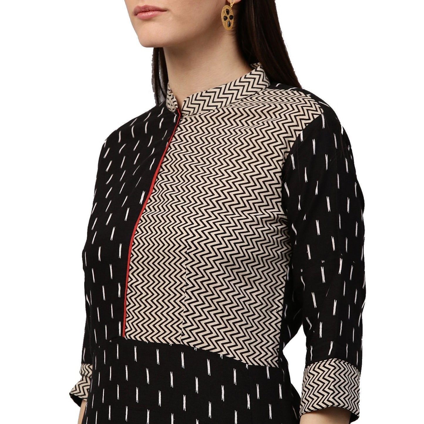 Women's Black Printed 3/4Th Sleeve Cotton A-Line Kurta With Pocket