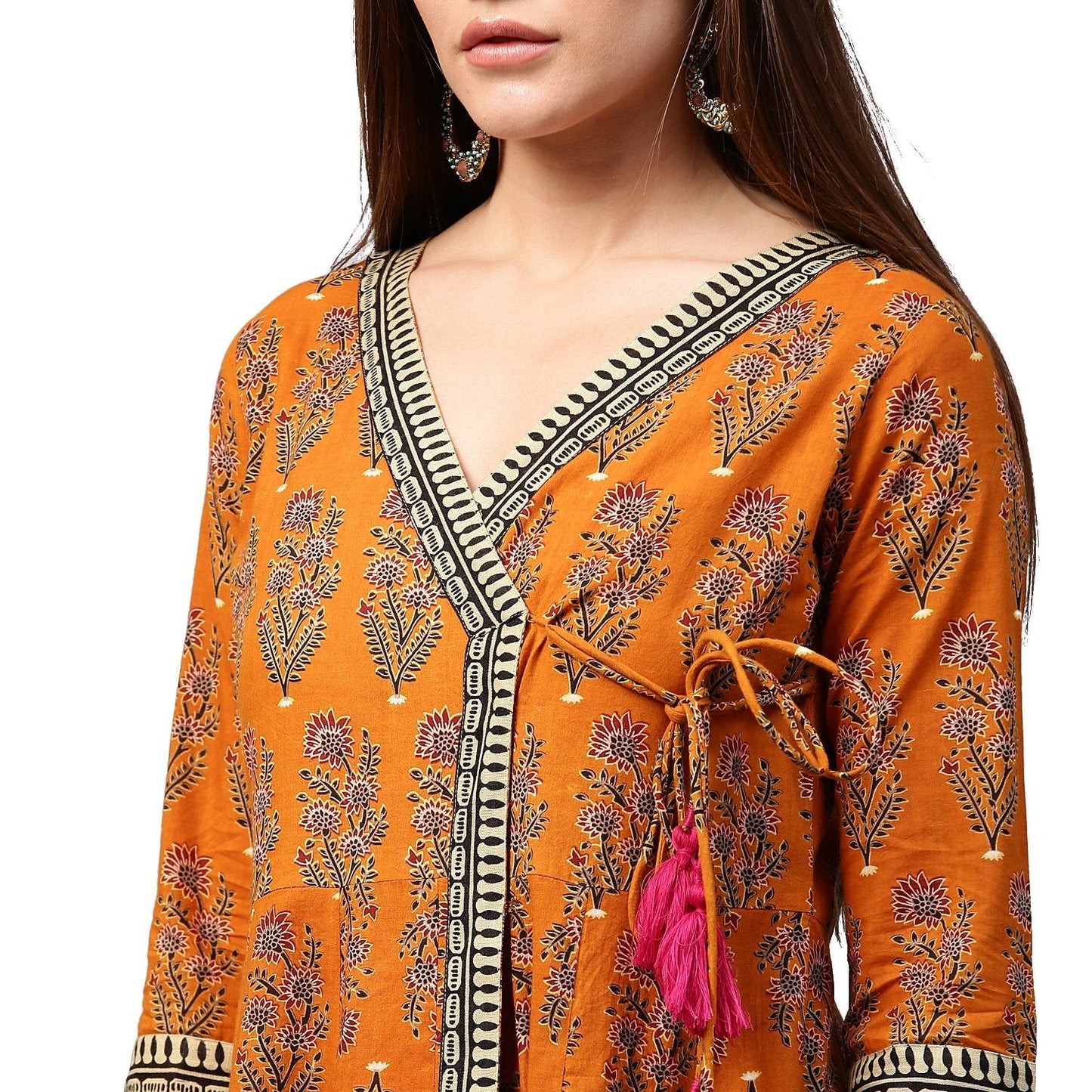 Women's Mustard Printed 3/4Th Sleeve Cotton Angrakha Anarkali Kurta