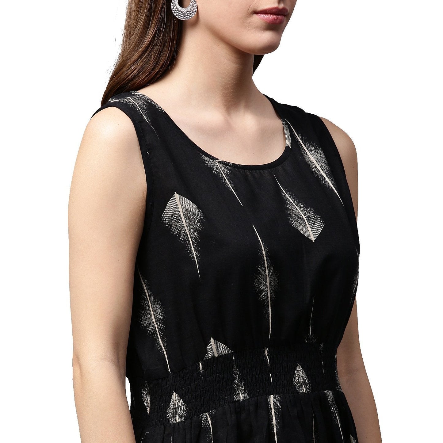 Women's Black Printed Sleeveless Cotton A-Line Kurta