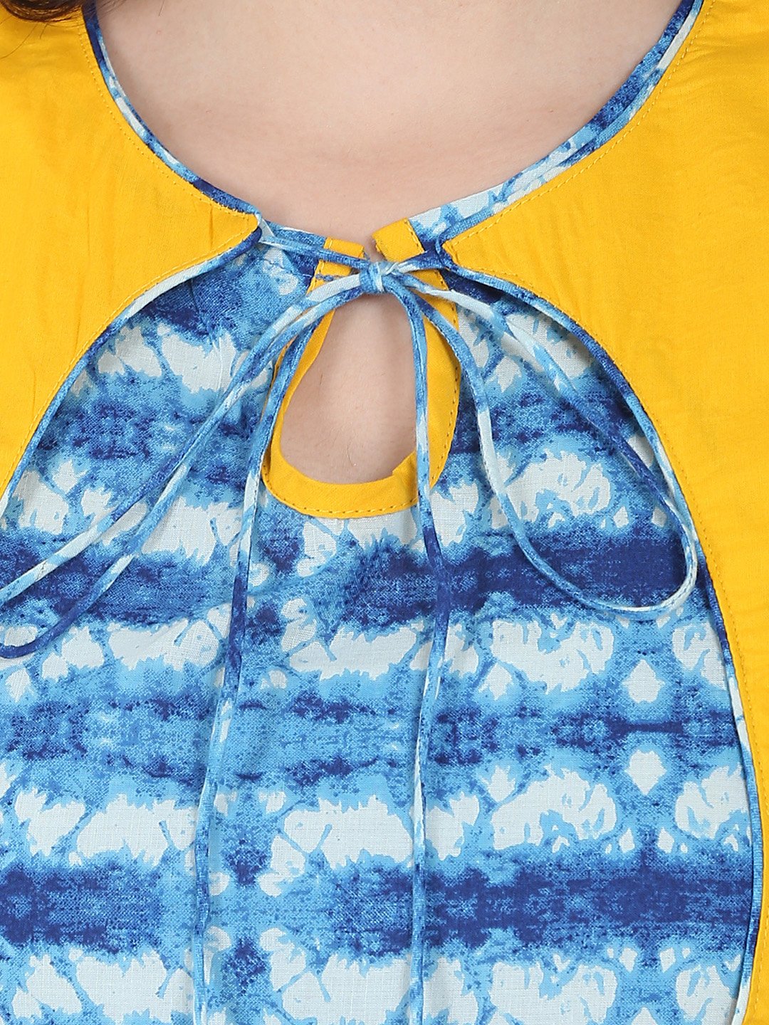 Women's Blue Printed Sleeveless Cotton Anarkali Kurta With Yellow Jacket
