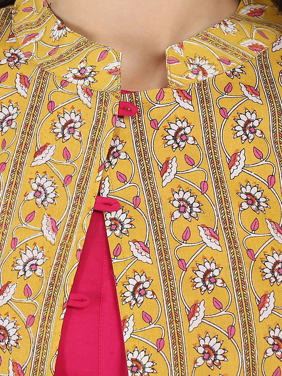 Women's Pink 3/4Th Sleeve Cotton A-Line Kurta With Yellow Printed Jacket