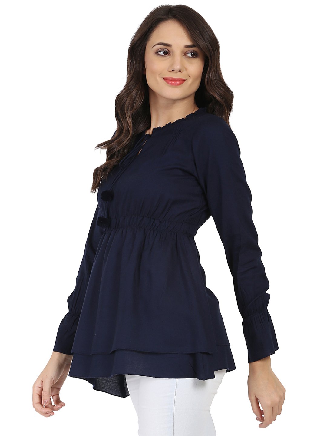 Women's Blue Full Sleeve Rayon Tunic With Dori & Latkan Work At Yoke