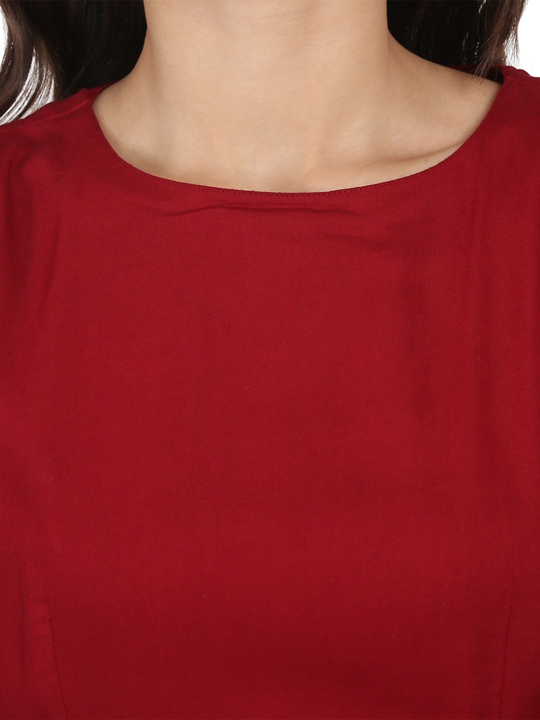 Women's Maroon Half Sleeve Rayon A-Line Kurta With Red Pleated Dhoti