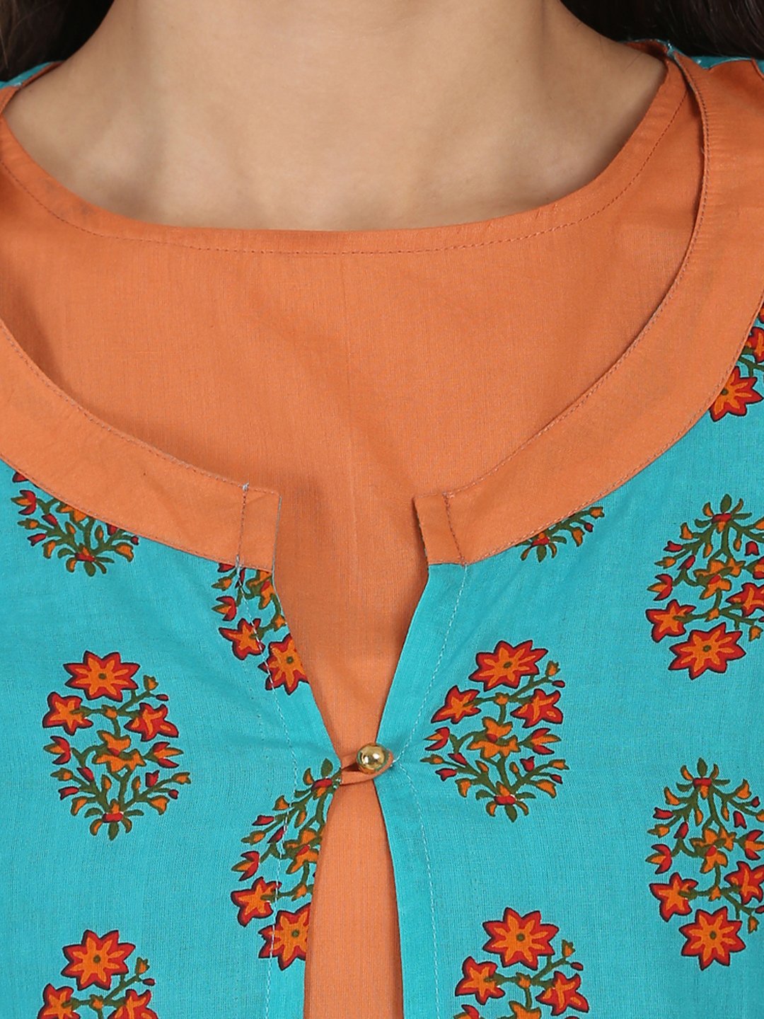 Women's Blue Printed 3/4Th Sleeve Cotton Double Layer A-Line Kurta