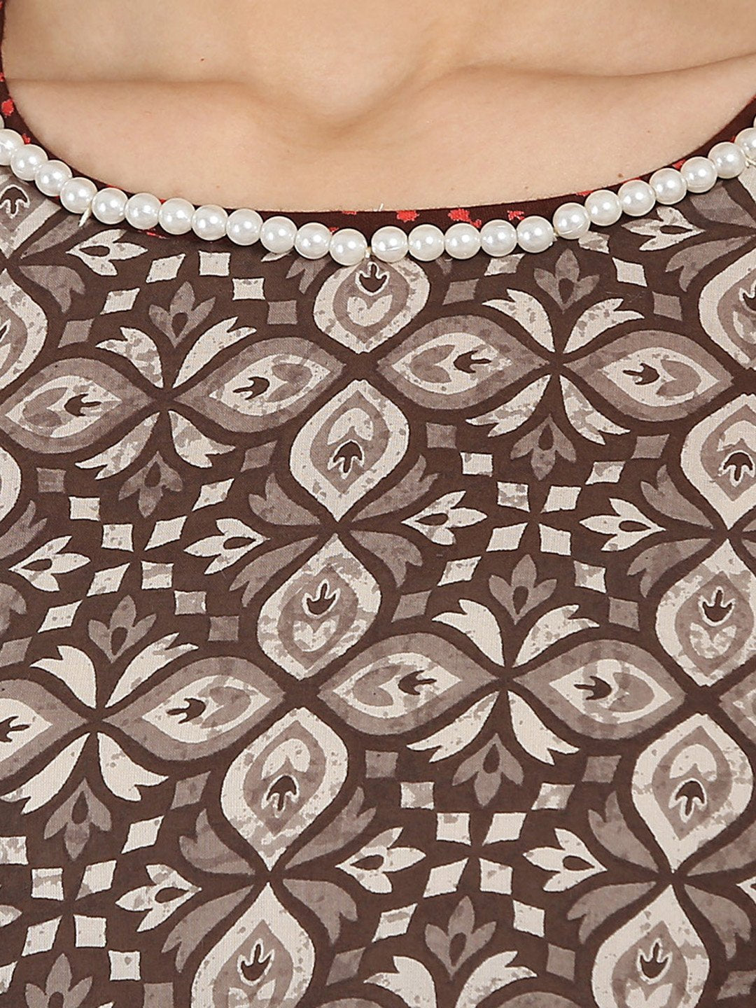 Women's Brown Printed 3/4Th Sleeve Cotton A-Line Kurta