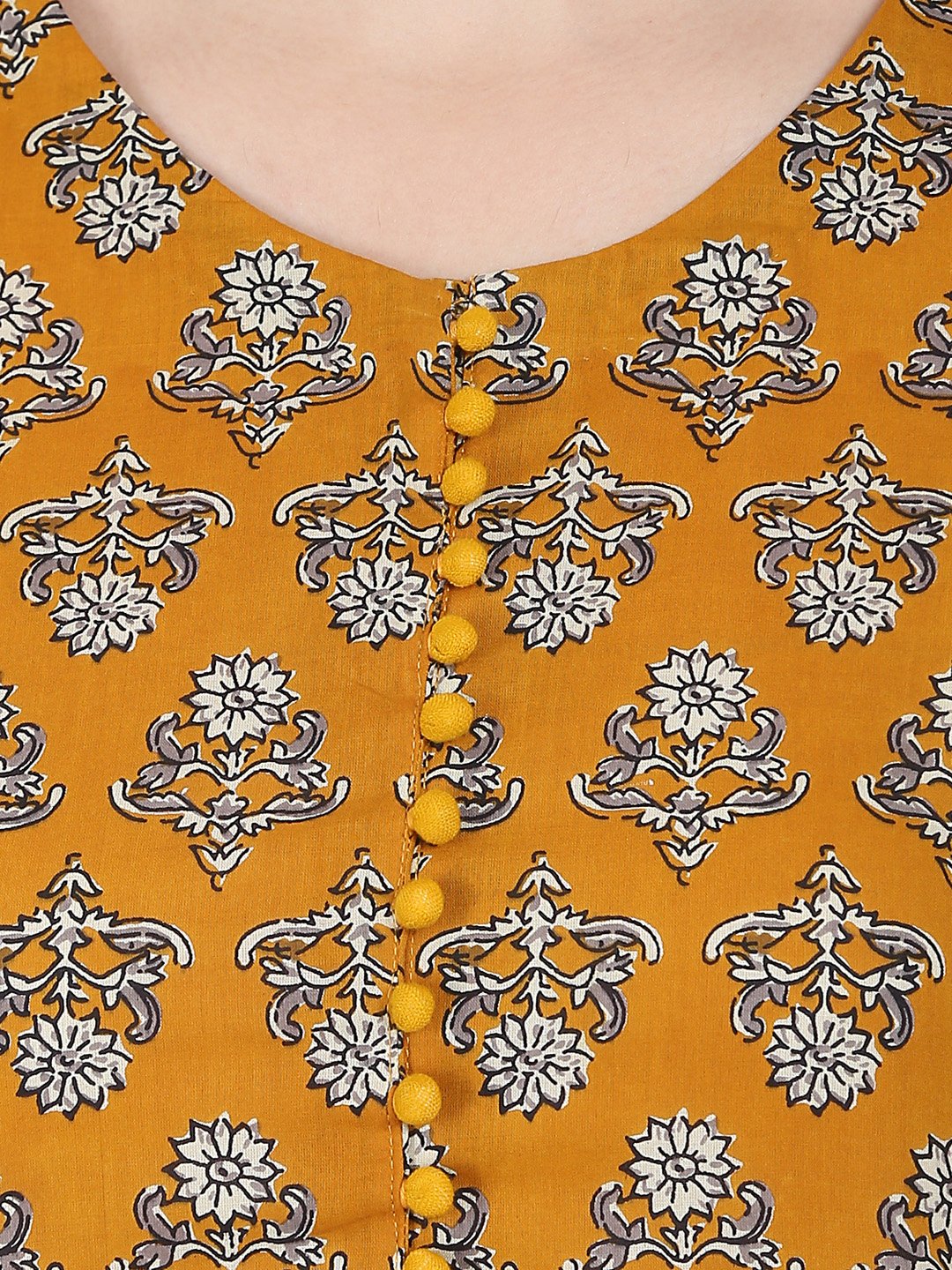 Women's Yellow Printed Full Sleeve Cotton A-Line Kurta With Centre Slit
