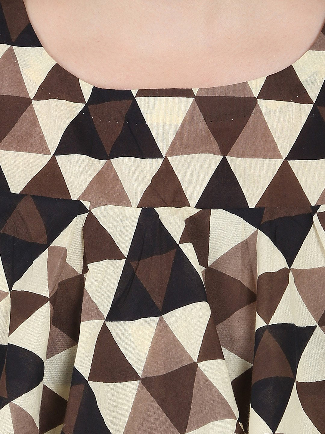 Women's Brown Printed Half Sleeve Cold Shoulder Cotton A-Line Kurta
