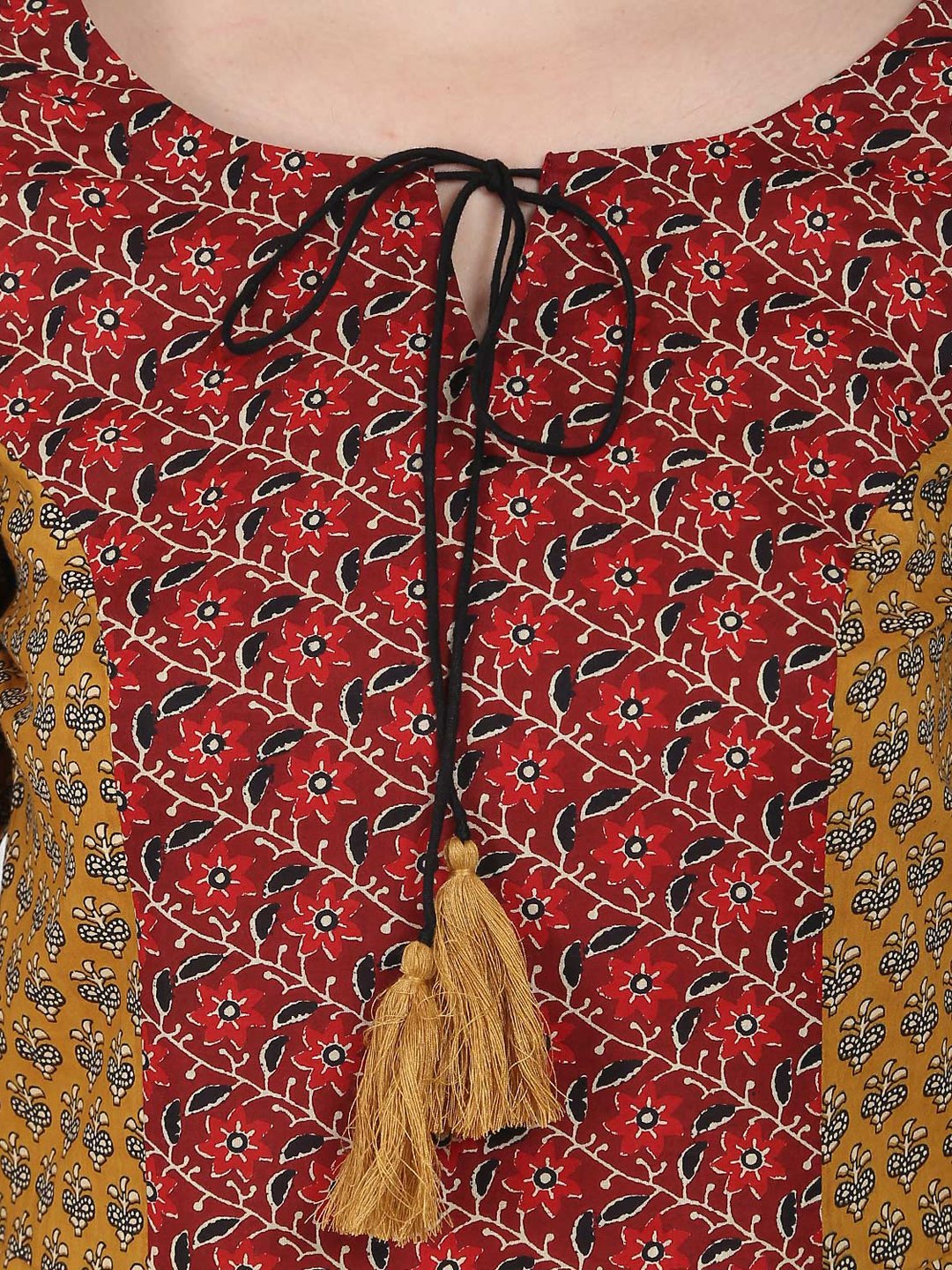 Women's Yellow Printed 3/4Th Sleeve Cotton Jumpsuit With Double Pocket & Dori Work At Yoke