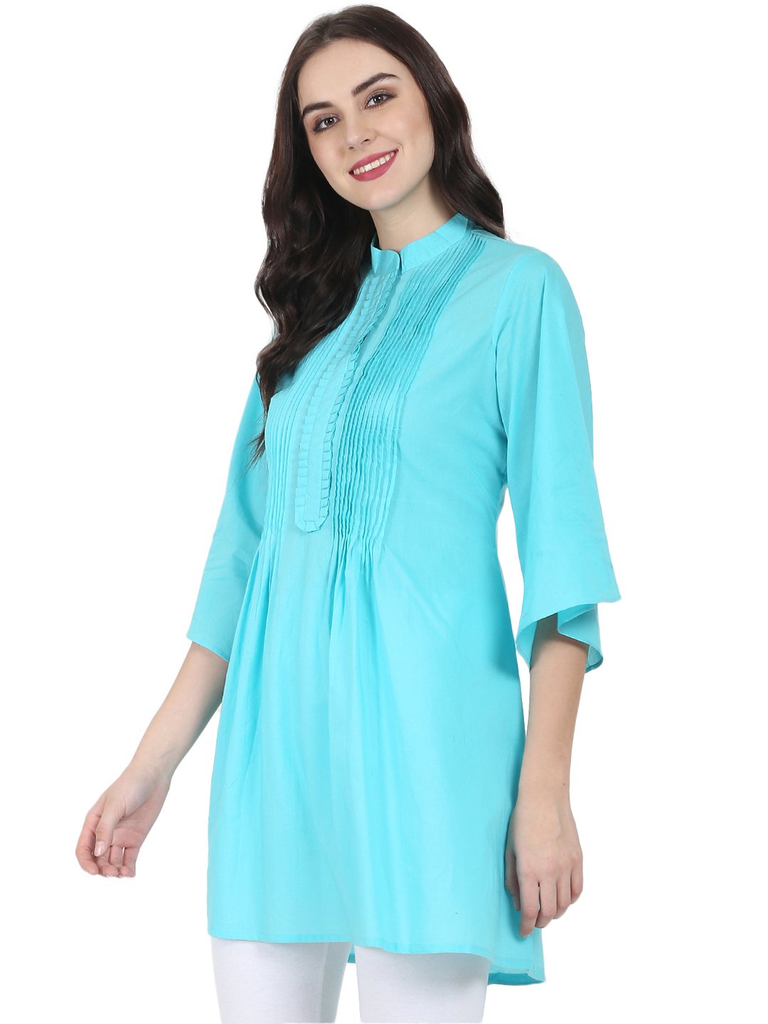 Women's Blue 3/4Th Flared Sleeve Cotton A-Line Tunic With Pleat Work At Yoke