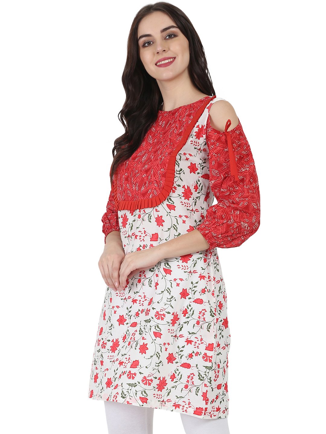 Women's White & Red Printed 3/4Th Sleeve Cotton Cold Shoulder Tunic