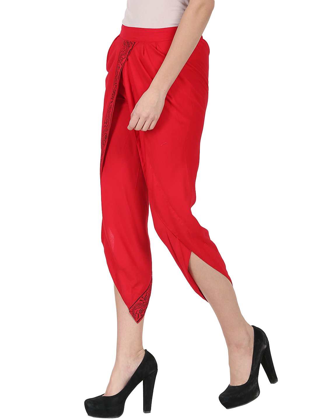 Women's Red Ankle Length Rayon Block Printed Dhoti