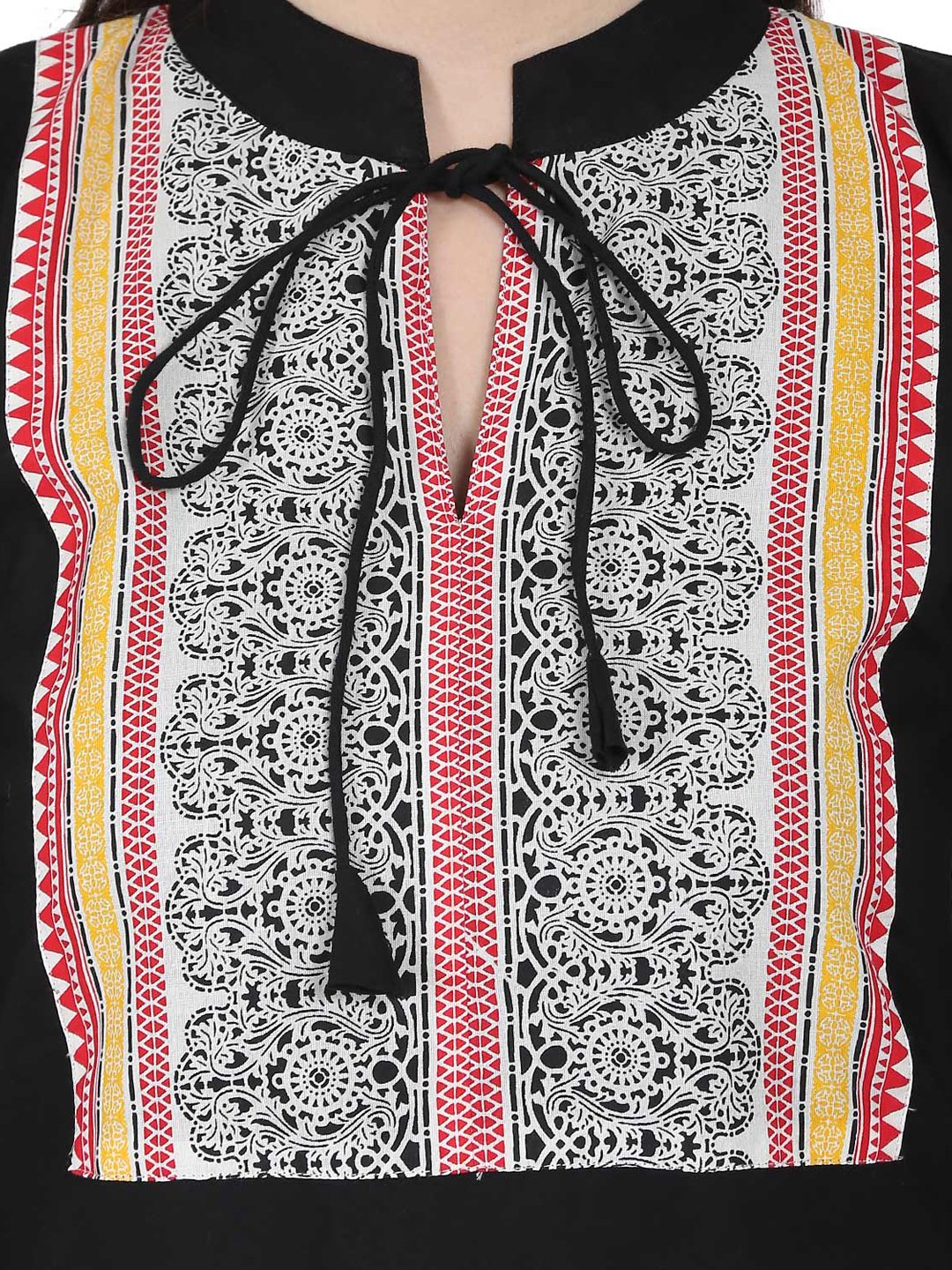 Women's Black 3/4Th Sleeve Cotton Kurta With Off White Printed Ankle Length Flared Skirt