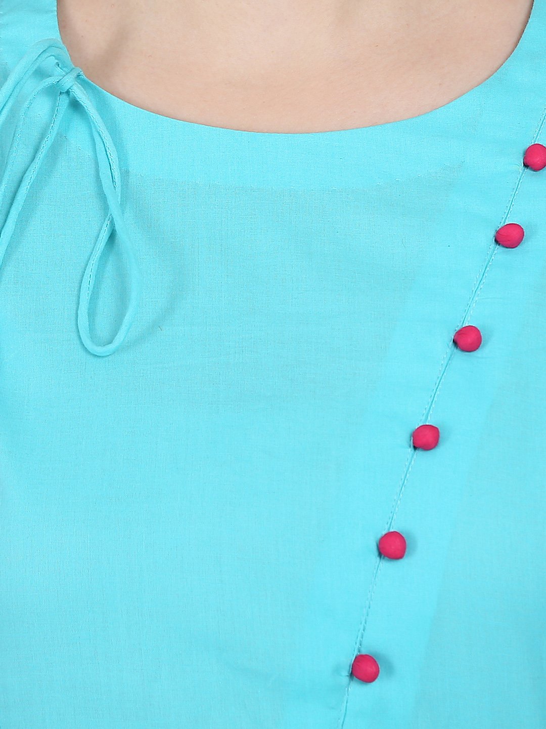 Women's Blue 3/4Th Sleeve Cotton A-Line Kurta With Latkan Work At Yoke