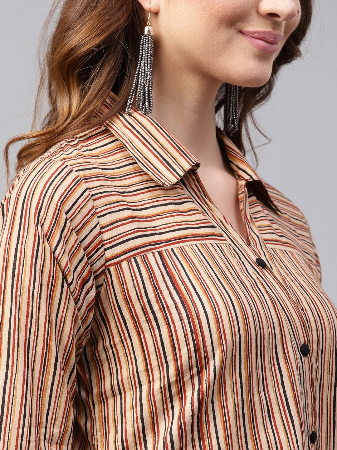 Women's Beige Striped 3/4Th Sleeve Cotton Assymetric Tunic