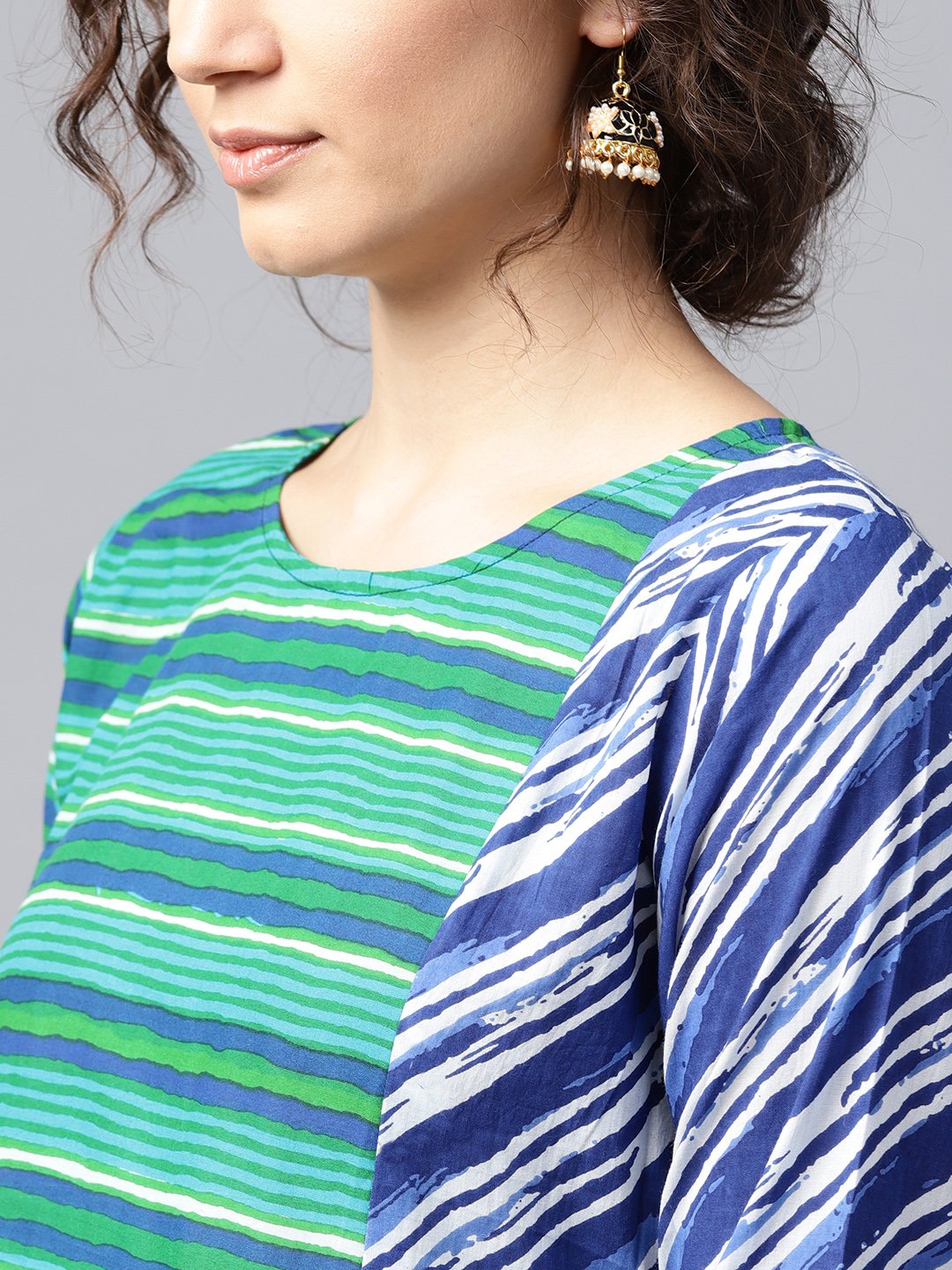 Women's Blue & Green striped 3/4th sleeve cotton Anarkali kurta