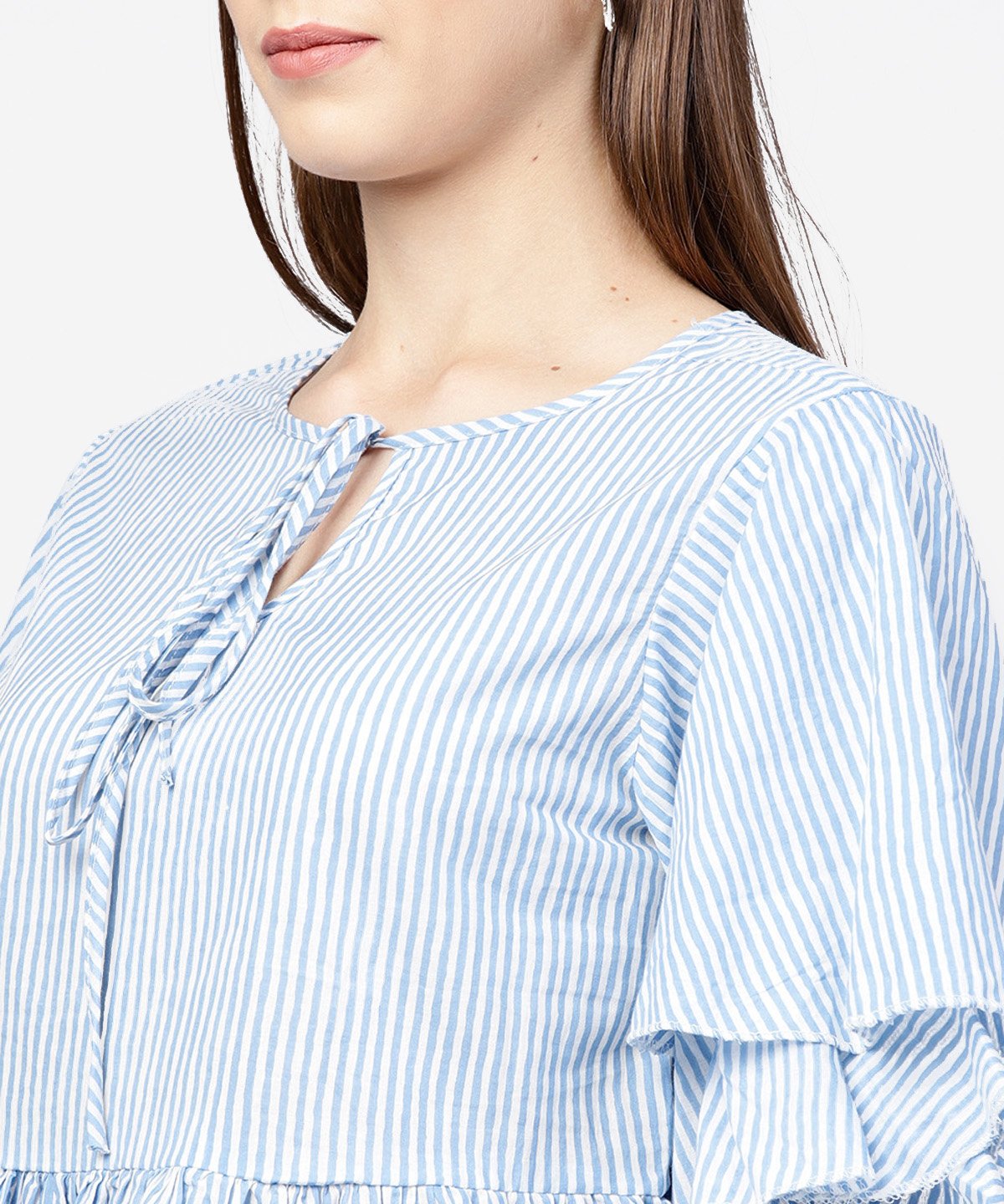 Women's Blue Striped 3/4Th Umbrella Sleeves Cotton A-Line Tops