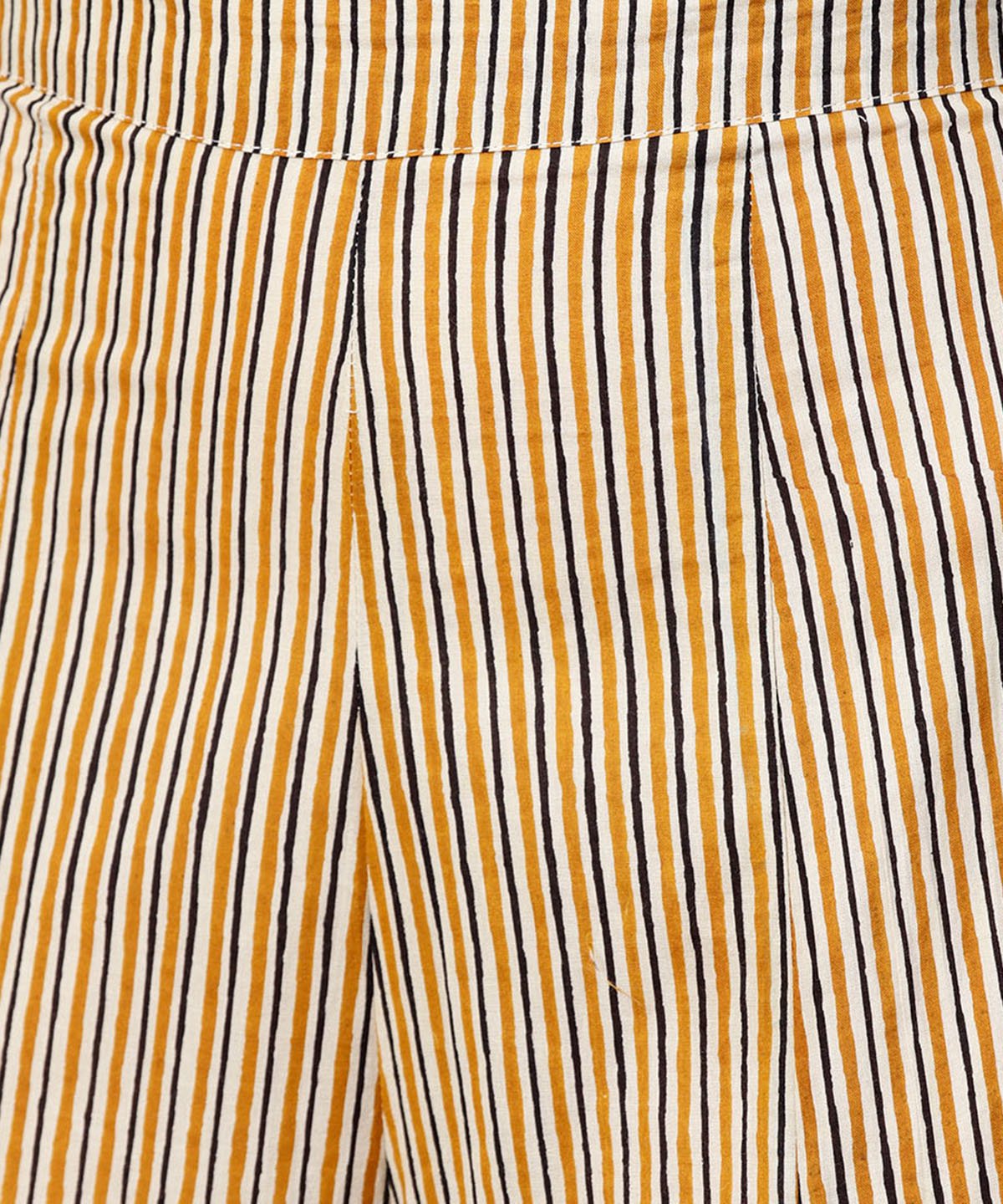 Women's Yellow Printed 3/4Th Sleeve Cotton Assymetric Tops With Striped Flared Skirt