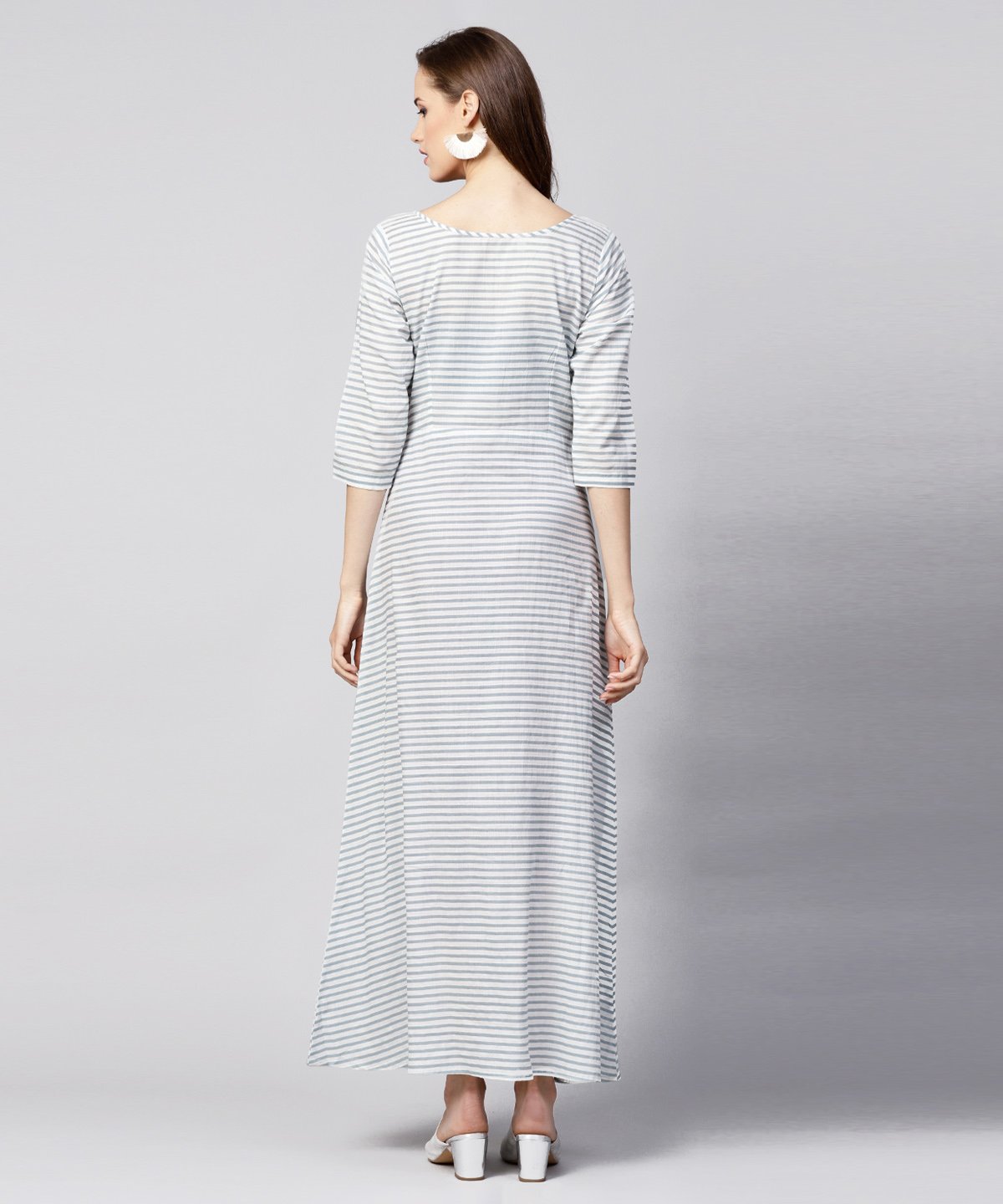 Women's Blue Striped 3/4Th Sleeve Cotton A-Line Maxi Dress