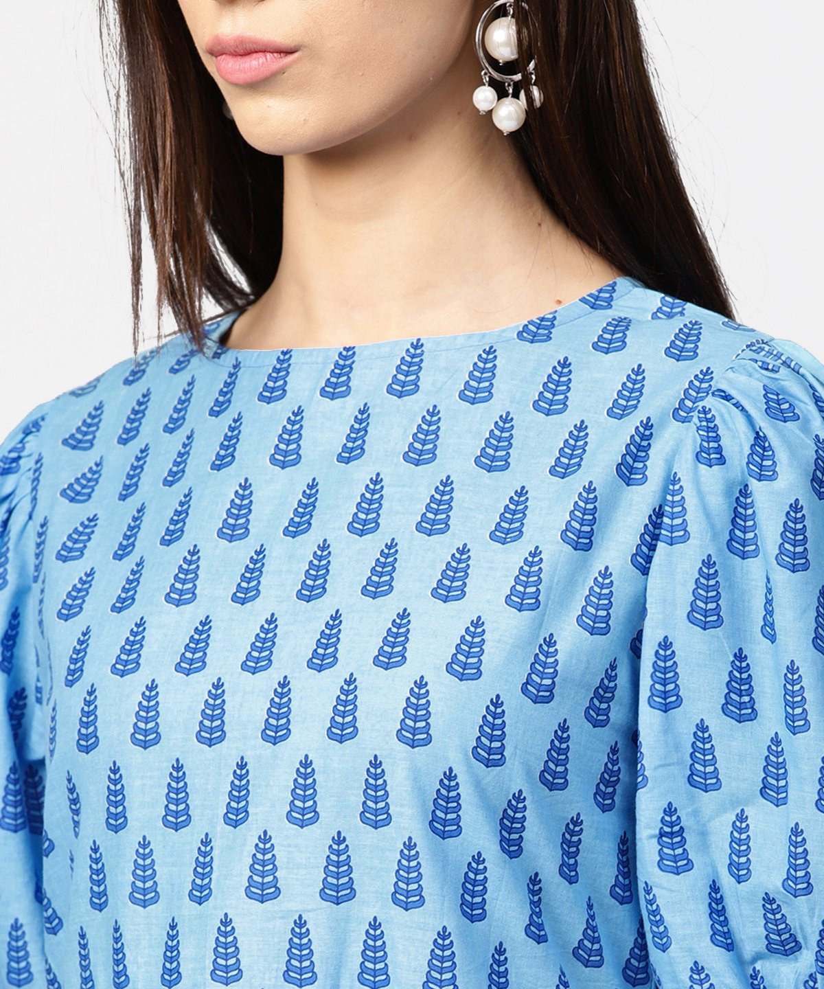 Women's Blue Printed Ballon Style Puff Sleeve Cotton A-Line Dress