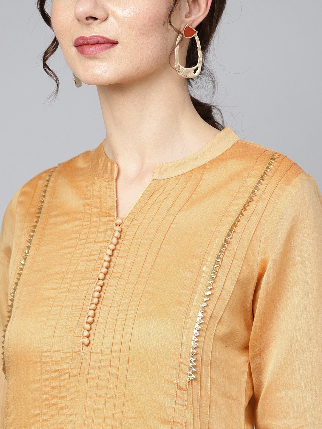 Women's Mustard Brown Chanderi Straight Kurta With Lining With Solid Chocolate Brown Rayon Pants With Kotadoriya Dupatta
