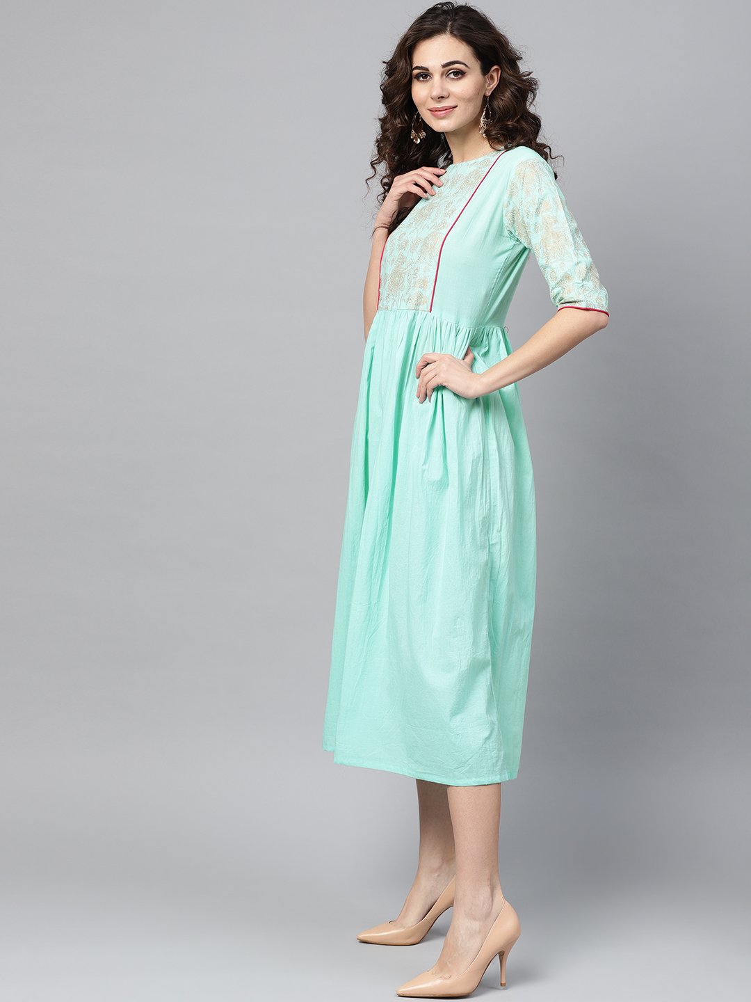 Women's Pastel Green Dress With Front Gold Printed Yoke & 3/4 Sleeves