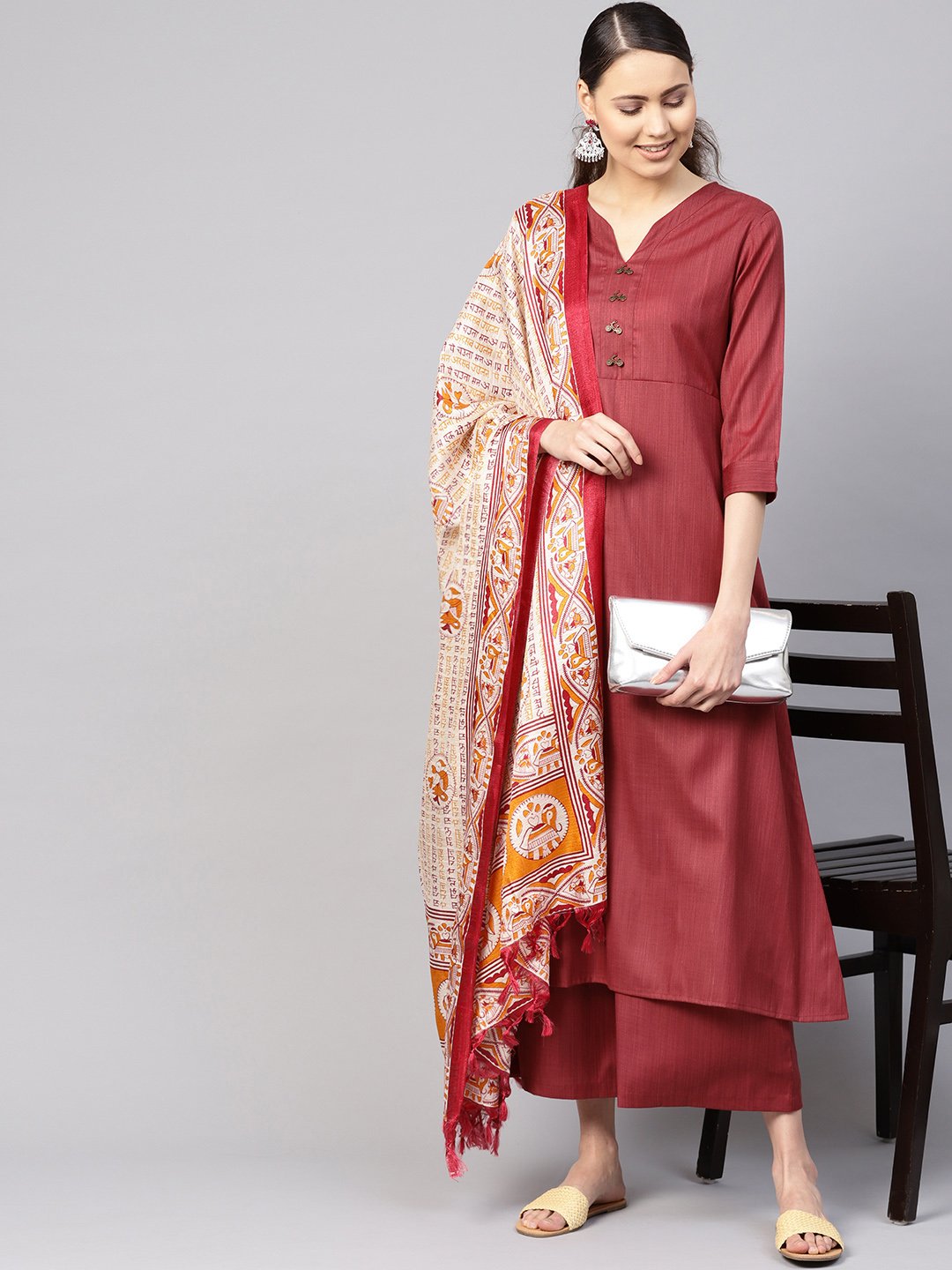 Women's Rust Red Solid Kurta With Palazzos & Dupatta