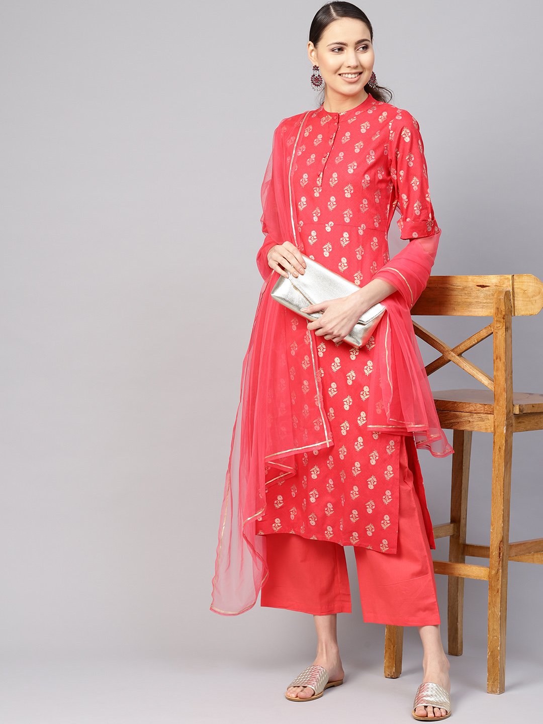 Women's Coral Red & Golden Printed Kurta With Palazzos & Dupatta
