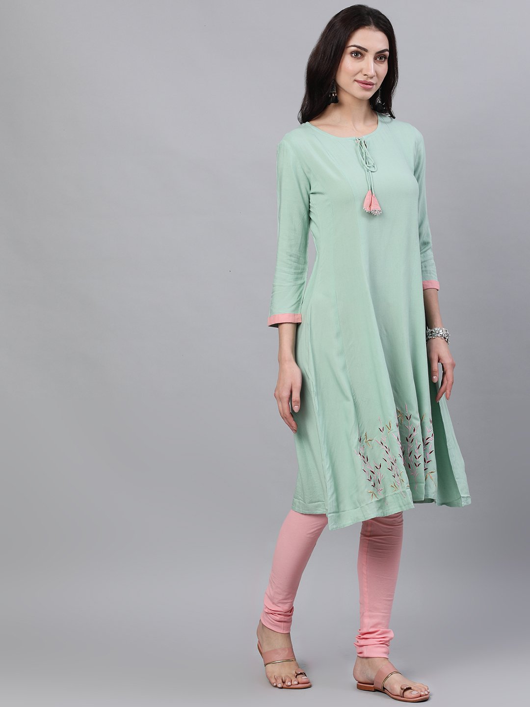 Women's Pastel Green And Pink Embroidered Boat Neck With V-Slit 3/4Th Sleeves Kurta With Pink Churidar