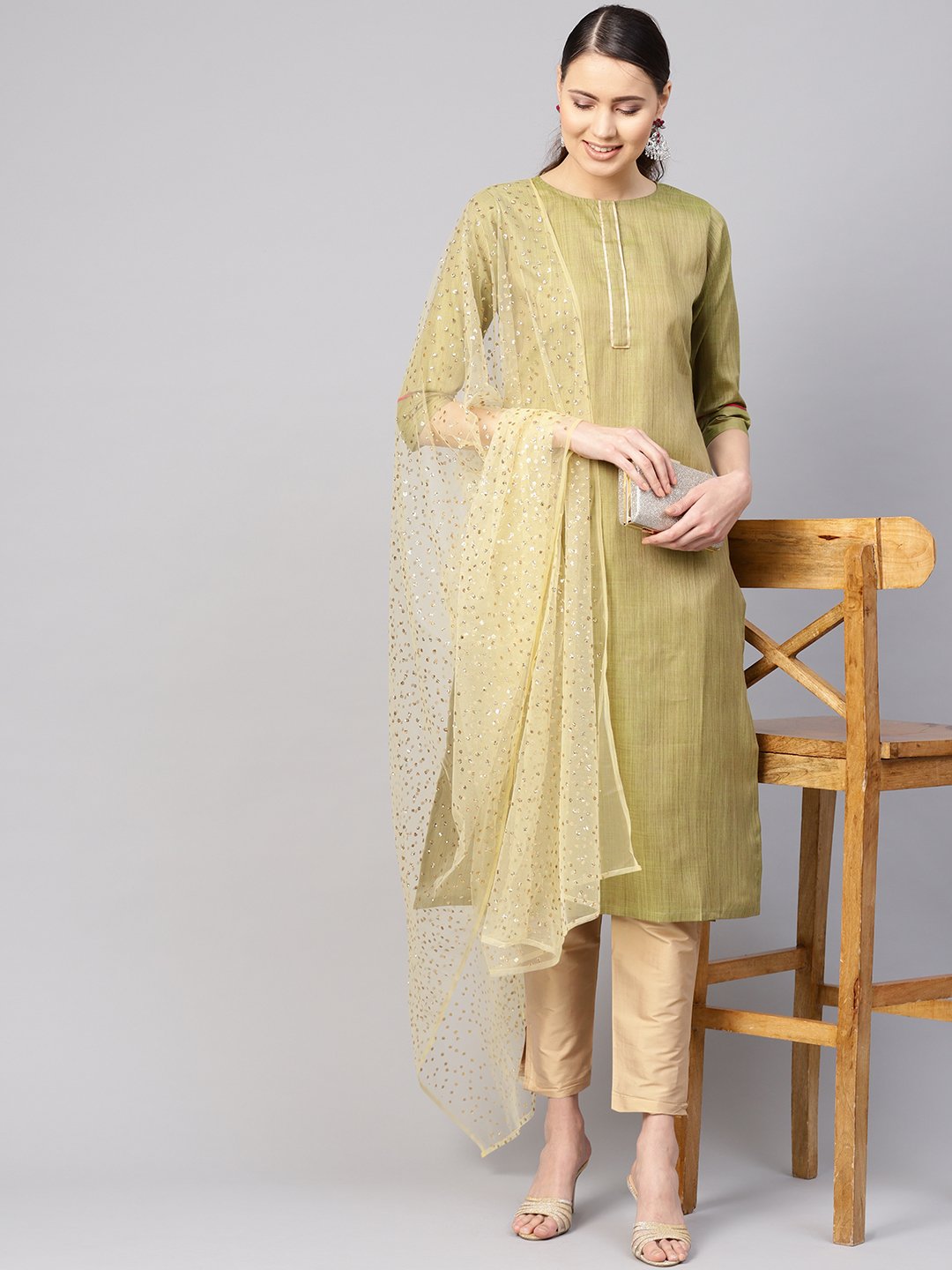 Women's Green & Beige Solid Kurta With Trousers & Dupatta