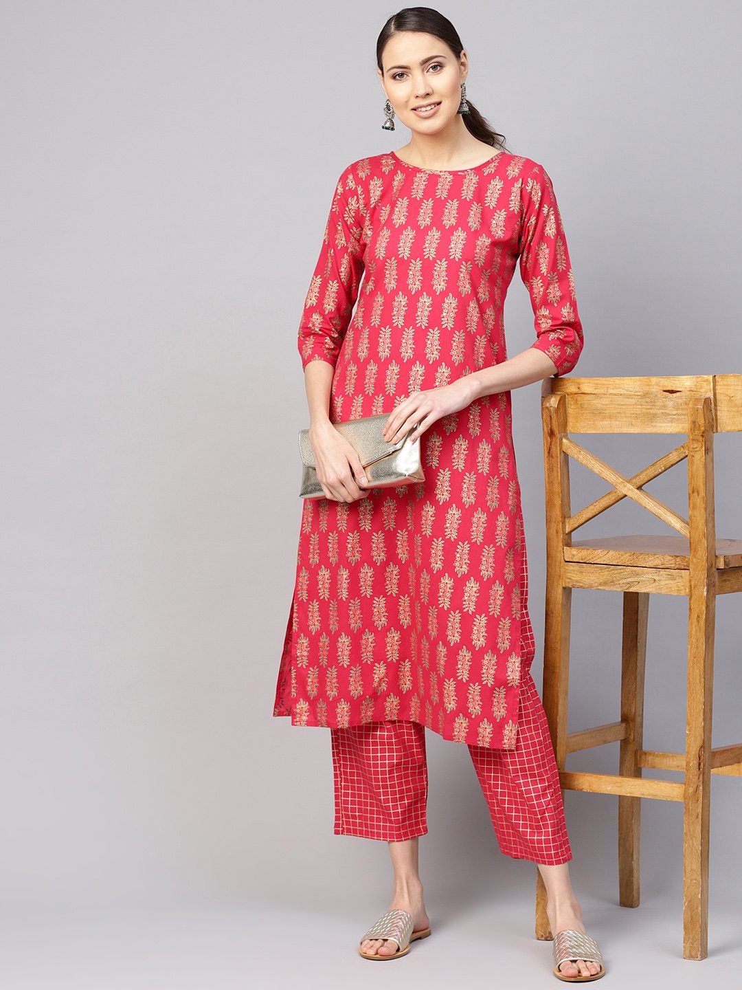 Women's Red & Golden Printed Kurta With Trousers