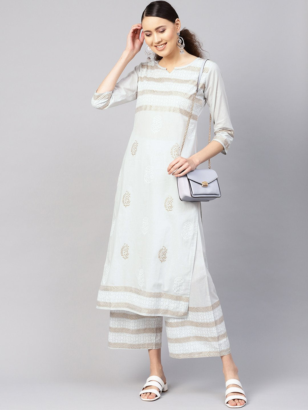 Women's Grey & Golden Block Print Kurta With Palazzos