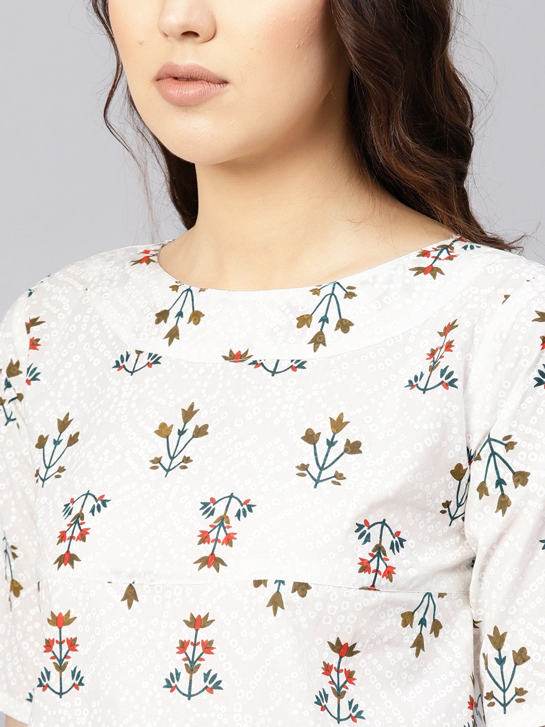 Women's Off-White & Green Printed Empire Top