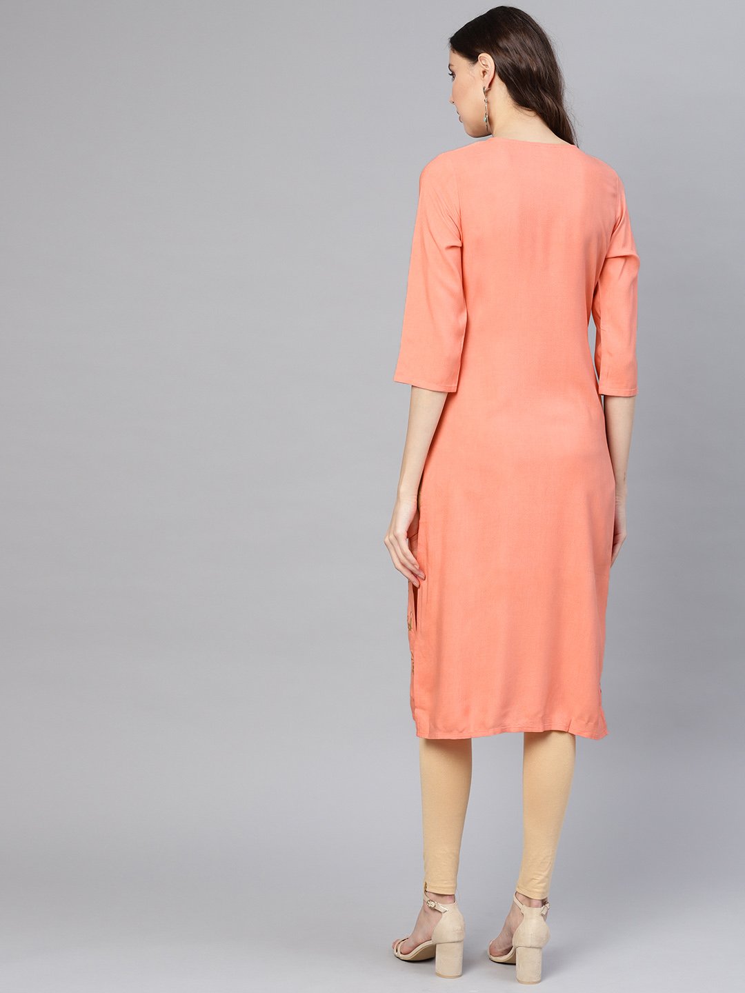 Women's Peach-Coloured & Golden Khari Printed Straight Kurta