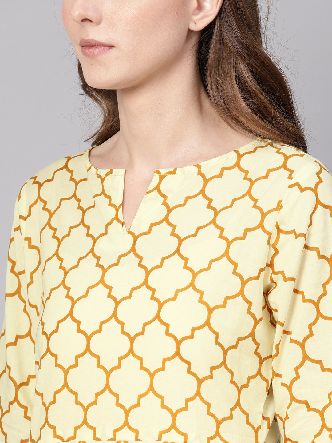 Women's Cream-Coloured & Mustard Brown Printed Straight Kurta