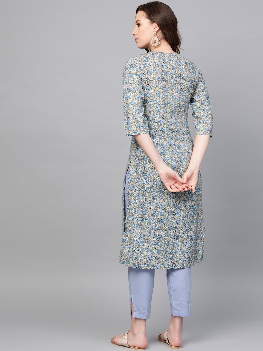 Women's Nayo Blue Three-Quarter Sleeves Printed Straight Cotton Kurta With Trouser Set