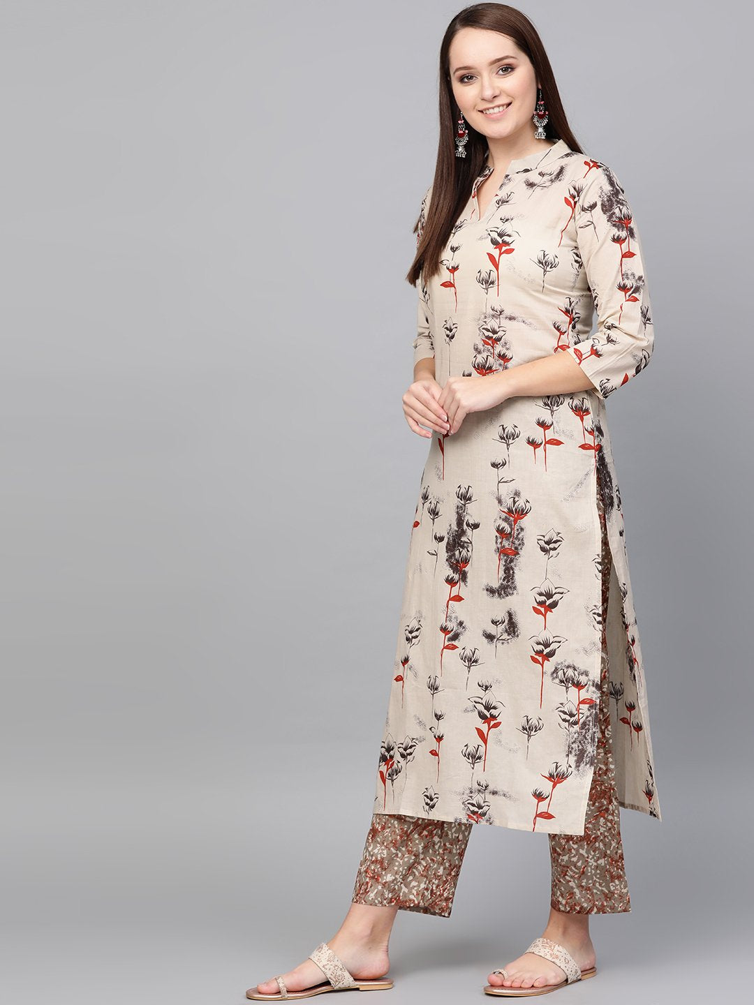 Women's Nayo Sea Green Three-Quarter Sleeves Printed Straight Cotton Kurta Palazzo Set