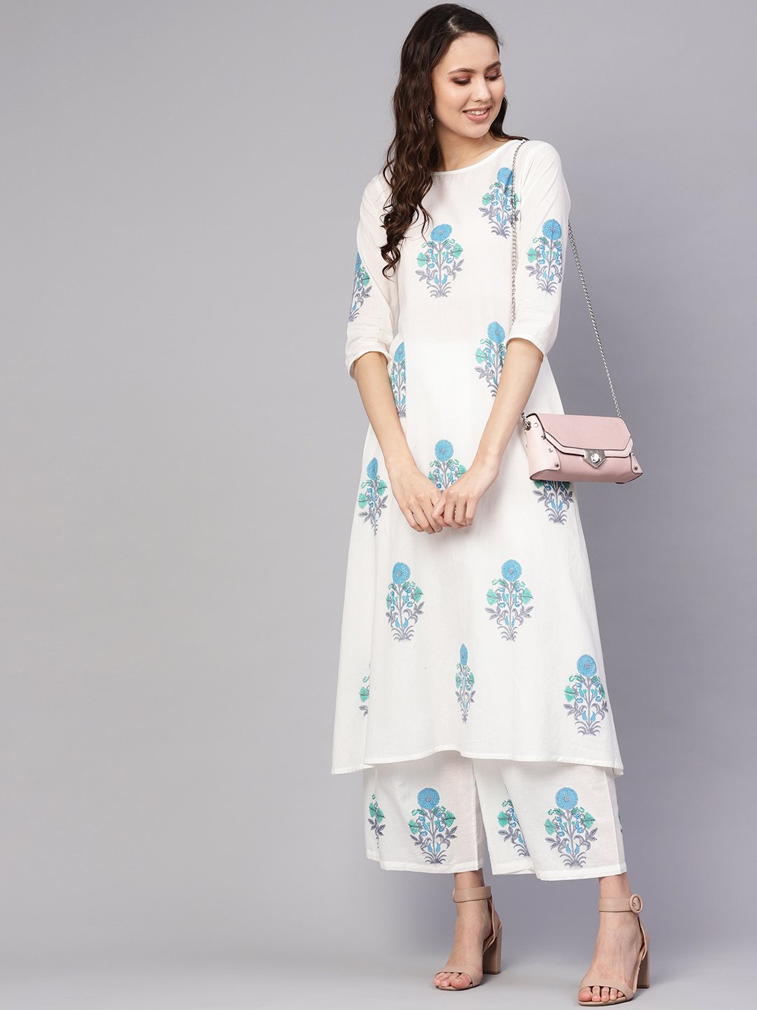 Women's White & Blue Printed Kurta With Palazzos