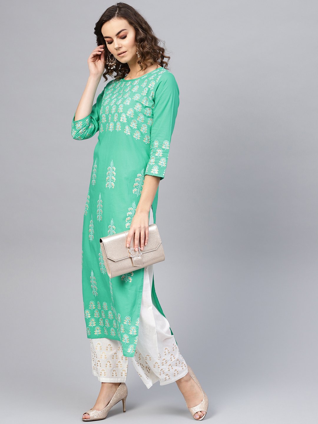 Women's Green & White Printed Kurta With Palazzos