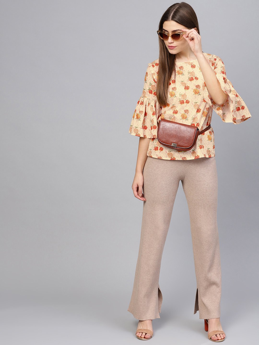 Women's Cream-Coloured & Orange Printed Top