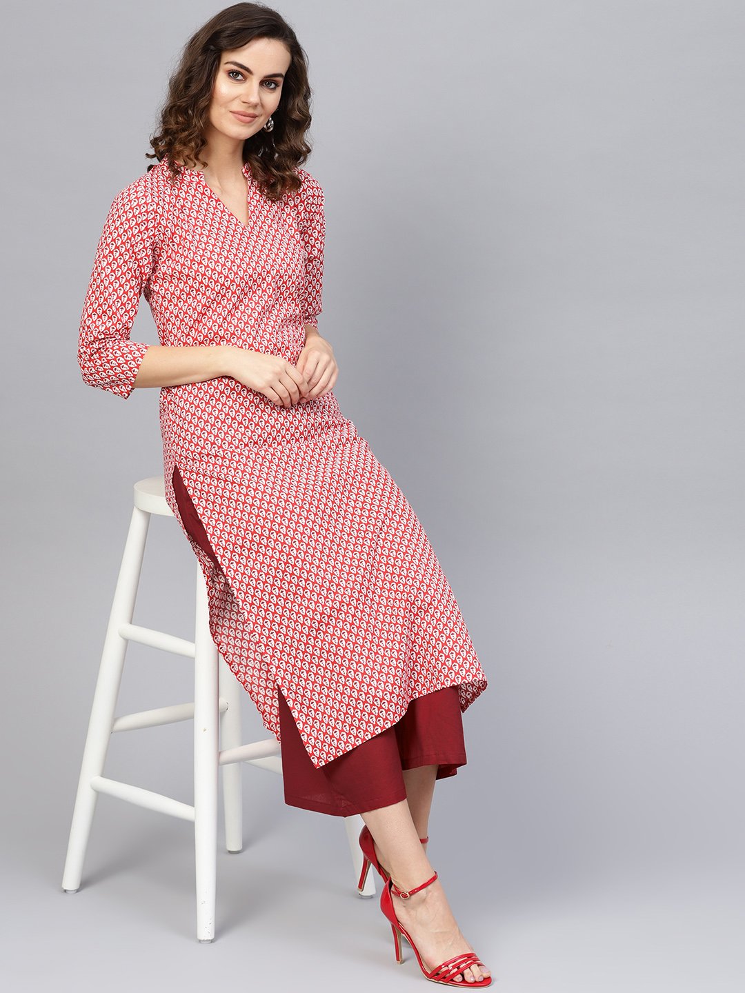 Women's Red & Maroon Printed Kurta With Palazzos