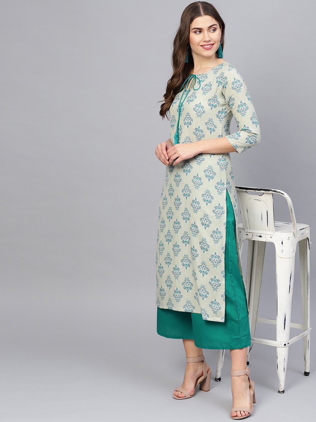 Women's Green & Grey Printed Kurta With Palazzos