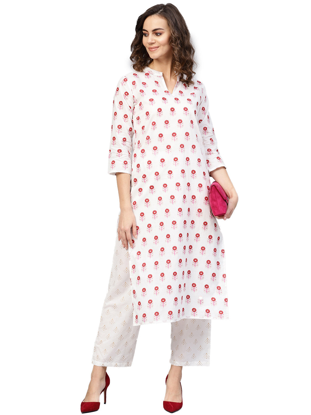 Women's White & Red Printed Kurta With Trousers