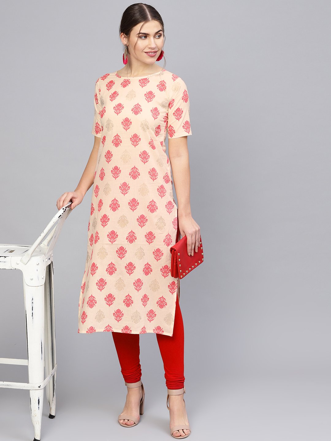 Women's Cream-Coloured & Pink Printed Straight Kurta